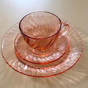 Arcoroc France Blush Pink Tinted Glass Plate Teacup Saucer - Bundle lot of Three